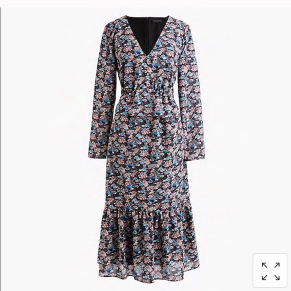 J Crew Dress size 2 Midi Ruffle Waist + hem Paisley floral long sleeve chiffon